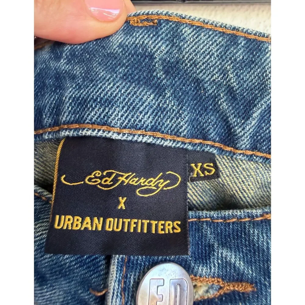 NWOT Ed Hardy X Urban Outfitters 1971 Denim Jorts Baggy Skater Shorts Mens XS
